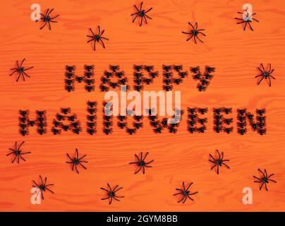 Happy Halloween text. Happy Halloween inscription made of spiders on orange background. Greeting card or invitation for a party. Top view, flat lay. Stock Photo