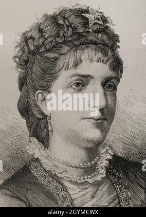 Margherita of Savoy (1851-1926). Queen consort of the Kingdom of Italy by marriage to Umberto I. Portrait. Engraving by Carretero. La Ilustración Española y Americana, 1878. Stock Photo