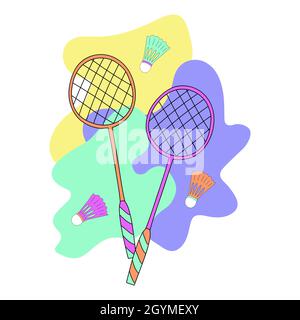 Line art style badminton rackets and shuttlecocks. Vector illustration. Stock Vector