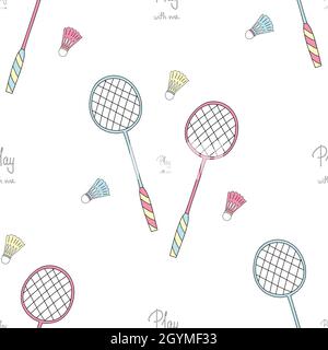 Seamless pattern with badminton rackets and shuttlecocks. Doodle style. Vector illustration. Stock Vector