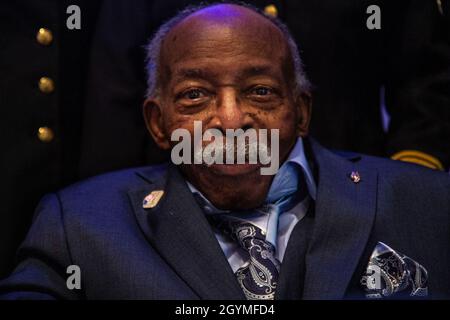 Pvt. Roosevelt Ruffin, a former Army Soldier who served with Company C, 614th Tank Destroyer Battalion, in World War II, poses for a photo during his 100th birthday celebration Feb. 1, 2020, in Virginia Beach, Virginia. Ruffin was one of the very first African-American tank destroyer unit members of the war. (U.S. Army Reserve photo by Sgt. 1st Class Javier Orona) Stock Photo