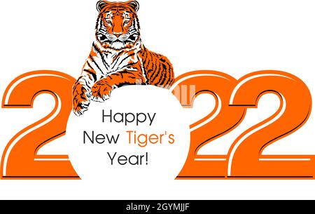 Happy new year 2022. Tiger lies on the number 2022. Template for poster, brochure, banner, invitation card. Vector illustration Isolated on transparen Stock Vector
