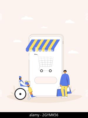 Online shopping. Two persons with huge smartphone and shopping bags. Filled line vector illustration. Stock Vector