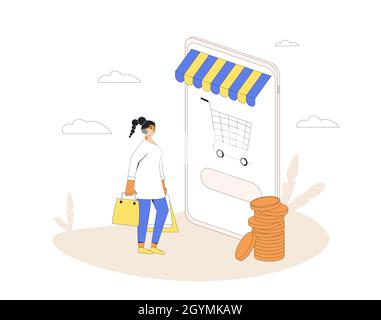 Online shopping. Female person with huge smartphone and shopping bags. Filled line vector illustration. Stock Vector