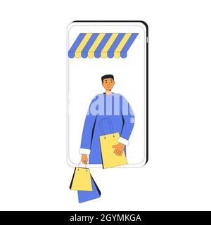 Online shopping. Man with shopping bags. Filled line vector illustration. Stock Vector