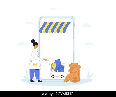 Online shopping. Woman with shopping bags. Filled line vector illustration. Stock Vector