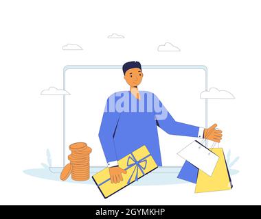 Online shopping. Man with shopping bags. Filled line vector illustration. Stock Vector