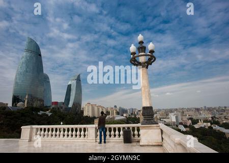 the flame towers as seen from mountain park, Baku, Azerbaijan Stock Photo