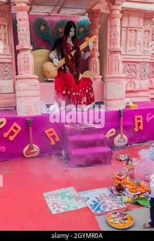 GUWAHATI, INDIA - JANUARY 31, 2017: Shrine of Saraswati Sarasvati , Hindu goddess of knowledge, music, art, wisdom, and learning in Guwahati, India Stock Photo