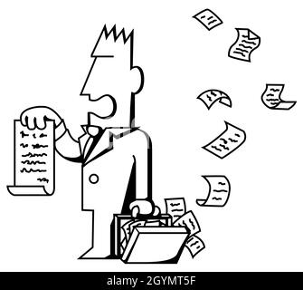 Lawyer losing papers from briefcase funny cartoon line drawing, vector, horizontal, over white Stock Vector