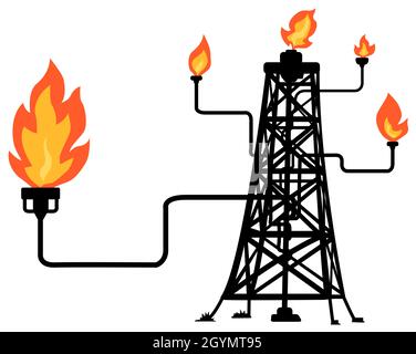 Oil fire rig with many pipes burning surreal cartoon color vector illustration, horizontal, over white, isolated Stock Vector