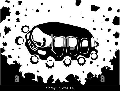 Car off road traverse scene silhouette cartoon black, vector illustration, horizontal, over white Stock Vector