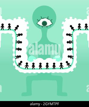 Surveillance conveyor watching strange mechanism figure cartoon color vector illustration, horizontal Stock Vector