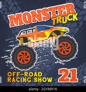 Monster heavy truck with huge tires extreme sport race poster. Large wheels extreme race heavy truck vector illustration. Big wheels cars extreme show Stock Vector