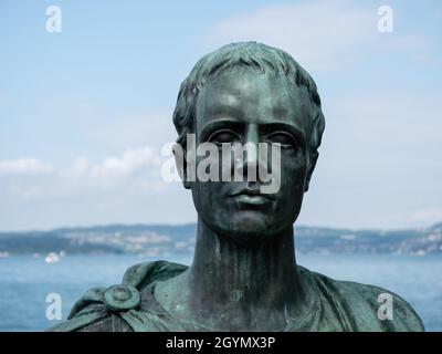 Bronze Bust Statue of Gaius Valerius Catullus in Sirmione, Italy on Lake Garda Stock Photo