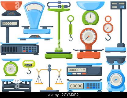 Mechanical and electronic store measuring weight scales. Kitchen or shop measuring instrument isometric vector illustration set. Weight scales symbols Stock Vector