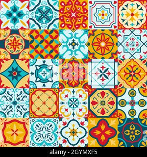 Mexican talavera, portuguese azulejo traditional ceramic tile patterns. Decorative ethnic ornament ceramic tiles vector illustration set. Patchwork Stock Vector