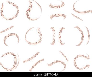 Baseball, softball stitches, sport ball red laces. Sport ball red decorative thread laces isolated vector illustration set. Softball stitch laces Stock Vector
