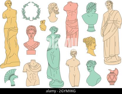 Ancient greek gods antique statues and antique sculptures. Antique gods marble heads, busts and monuments vector illustration set. Greek gods and Stock Vector