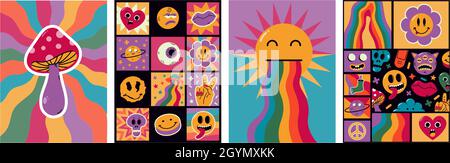 Cartoon abstract funny comic surreal patches posters. Trendy comic retro elements, cute doodle emoji characters vector background illustration Stock Vector