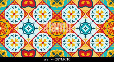 Talavera, azulejo mosaic porcelain ceramic tile seamless pattern. Decorative ethnic ornament tiles pattern vector background illustration Stock Vector