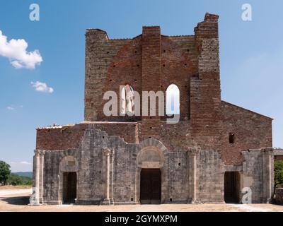 Abbey of Saint Galgano or Abbazia di San Galgano Church Ruin Entrance with Gothic Facade Stock Photo
