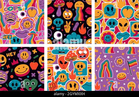 Funny cute comic stickers characters abstract seamless patterns. Cartoon cute doodle emoji vector background illustrations. Hand drawn comic shapes Stock Vector