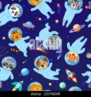 Cartoon space animals cosmonauts, astronauts seamless pattern. Cute space galaxy astronauts in space suits vector illustration. Space animals seamless Stock Vector