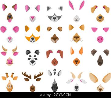 Cartoon selfie or video chat animal faces masks. Cute animals video chat effects, dog, fox, panda nose and ears vector illustration set. Animal Stock Vector
