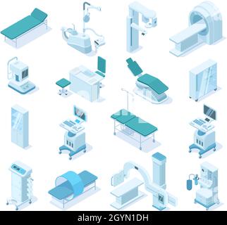 Isometric medical diagnostic, hospital health care equipment. Medical scanner MRI, x-ray scanner and dental chair vector illustration set. Ambulance Stock Vector