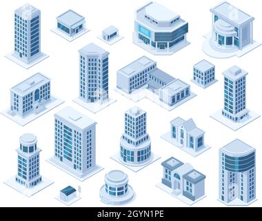 Isometric urban city downtown district architecture buildings. Skyscraper buildings, hospital school and shop vector illustration set. Modern city Stock Vector