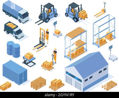 Isometric warehouse storage delivery logistic services elements. Warehouse building, forklifts and warehouse workers vector illustration set Stock Vector