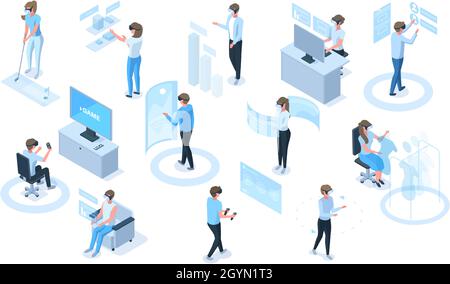 Isometric people in headsets use virtual reality simulators. Characters in vr glasses playing, learning, working vector illustration set. Virtual Stock Vector