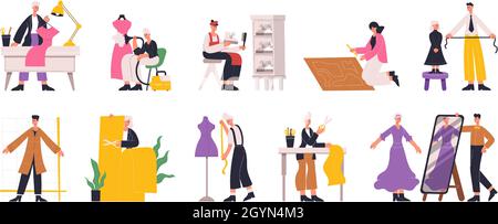 Dressmaker sewing, designer tailoring, characters working in clothes industry. Tailor, seamstress at work vector illustration set. Clothing designer Stock Vector