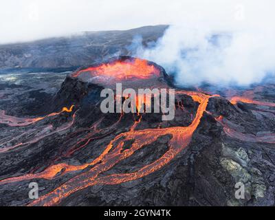 An aerial view of lava flows from the Fagradalsfjall volcano in Iceland,  during an eruption on 31st August 2021. Stock Photo