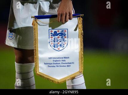 London, UK. 07th Oct, 2021. England matchday pennant pre match during the International match between England U20 and Italy U20 at the Technique Stadium, Chesterfield on 7 October 2021. Photo by Andy Rowland. Credit: PRiME Media Images/Alamy Live News Stock Photo