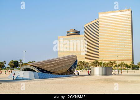 Dubai UAE,United Arab Emirates,Deira Corinche Road Palm Deira Metro Station,Green Line entrance outside exterior Hyatt Regency Dubai hotel Stock Photo