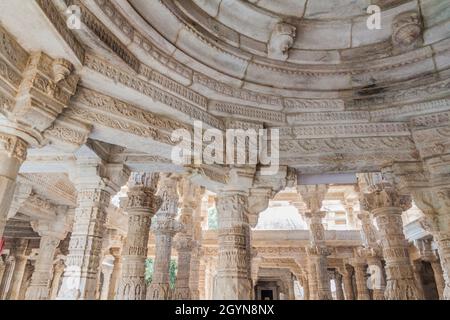 Decorated marble interior of Jain temple at Ranakpur, Rajasthan state, India Stock Photo