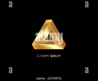 Gold Penrose triangle, 3d isometric logo business template. Optical illusion Infinity or Impossible Triangle. Monogram, Letter A. Golden luxury vector Stock Vector