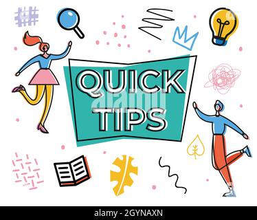 quick tips vector illustration concept, man and woman give advice, useble for web landing page, template, ui, web, mobile app, poster, banner, flyer Stock Vector