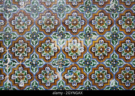 Moorish ceramic tiles with floral and geometric pattern close up Stock Photo