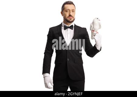 Elegant man in suit and bow-tie holding a white dove isolated on white background Stock Photo