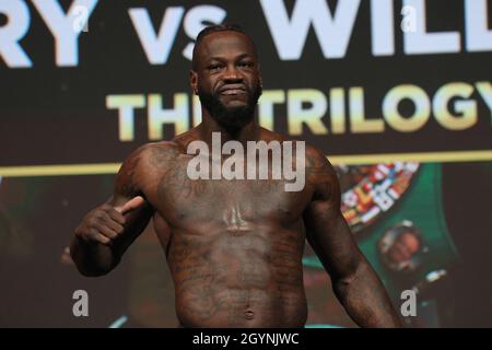 Las Vegas, USA. 08th Oct, 2021. Deontay Wilder on stage during the Weigh-In of the Tyson Fury vs Deontay Wilder III 12-round Heavyweight boxing match, at the MGM Grand Garden Arena in Las Vegas, Nevada on Friday, October 8th, 2021. Photo by James Atoa/UPI Credit: UPI/Alamy Live News Stock Photo