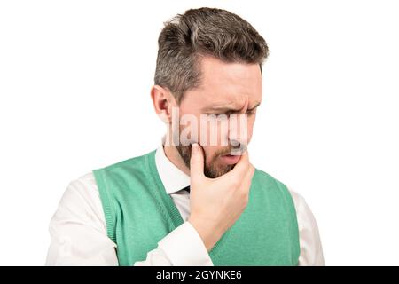 stressed guy with moustache having toothache. grizzled man touch jaw. Stock Photo