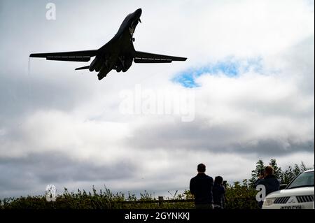 A B-1B Lancer assigned to the 9th Expeditionary Bomb Squadron prepares to land at RAF Fairford, United Kingdom, Oct. 7, 2021.  The B-1 is a strategic bomber capable of delivering guided and unguided munitions against any adversary, anywhere in the world at any time. “Conducting BTF operations from forward locations enables collective defense capabilities, provides a great opportunity to integrate and train with allies and partners in the region, and demonstrates the B-1’s forward power projection capability,” said Lt. Col. Nathan Jenkins, 9th EBS commander. (U.S. Air Force photo by Senior Airm Stock Photo