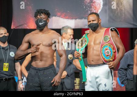 Las Vegas, USA. 08th Oct, 2021. LAS VEGAS, NV - OCTOBER 8: Efe Ajagba (left) and Frank Sanchez (right) face-off for their heavyweight co-main event tomorrow   at MGM Grand Garden Arena for Tyson Fury vs Deontay Wilder III - Weigh-ins on October 8, 2021 in Las Vegas, NV, United States. (Photo by Louis Grasse/PxImages) Credit: Px Images/Alamy Live News Stock Photo