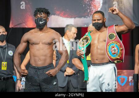 Las Vegas, USA. 08th Oct, 2021. LAS VEGAS, NV - OCTOBER 8: Efe Ajagba (left) and Frank Sanchez (right) face-off for their heavyweight co-main event tomorrow   at MGM Grand Garden Arena for Tyson Fury vs Deontay Wilder III - Weigh-ins on October 8, 2021 in Las Vegas, NV, United States. (Photo by Louis Grasse/PxImages) Credit: Px Images/Alamy Live News Stock Photo