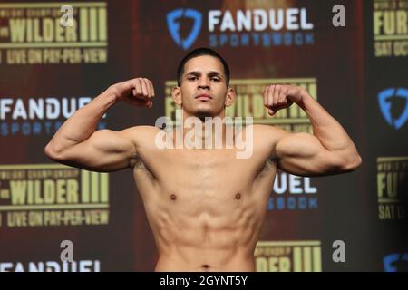 Las Vegas, USA. 08th Oct, 2021. Edgar Berlanga on stage for the Weigh-In of the Tyson Fury vs Deontay Wilder III 12-round Heavyweight boxing match, at the MGM Grand Garden Arena in Las Vegas, Nevada on Friday, October 8th, 2021. Photo by James Atoa/UPI Credit: UPI/Alamy Live News Stock Photo