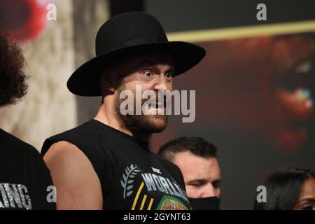 Las Vegas, USA. 08th Oct, 2021. Tyson Fury on stage for the Weigh-In of the Tyson Fury vs Deontay Wilder III 12-round Heavyweight boxing match, at the MGM Grand Garden Arena in Las Vegas, Nevada on Friday, October 8th, 2021. Photo by James Atoa/UPI Credit: UPI/Alamy Live News Stock Photo