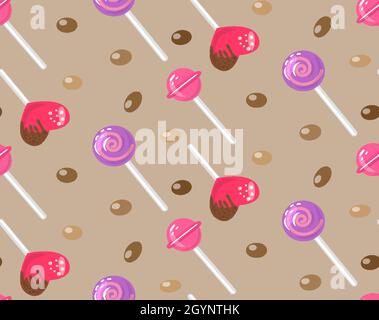 Candy seamless pattern brown background with colorful sweets, delicious caramels, hearts, lollipops, chocolate dragee. Design decor for textiles, menus, children dishes, notebooks. Vector illustration Stock Vector